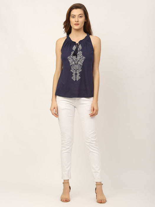 Navy Embroidered Tie-Up Neck Sleeveless Top