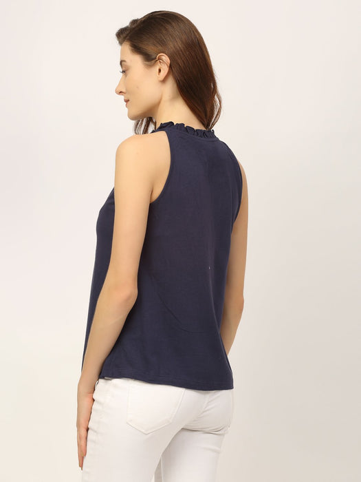 Navy Embroidered Tie-Up Neck Sleeveless Top