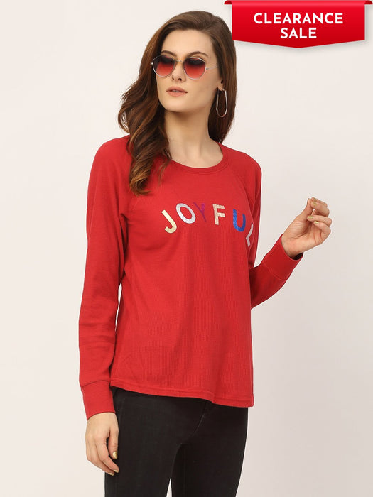 Red Waffle Printed Raglan Cotton Full Sleeve T-Shirt