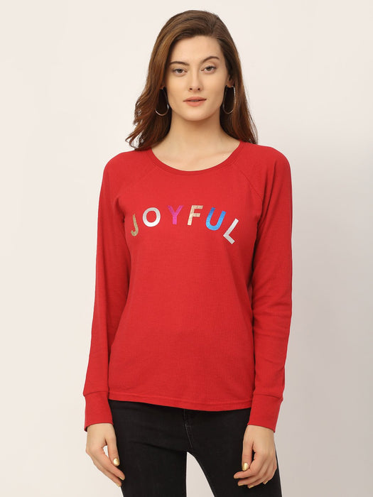 Red Waffle Printed Raglan Cotton Full Sleeve T-Shirt