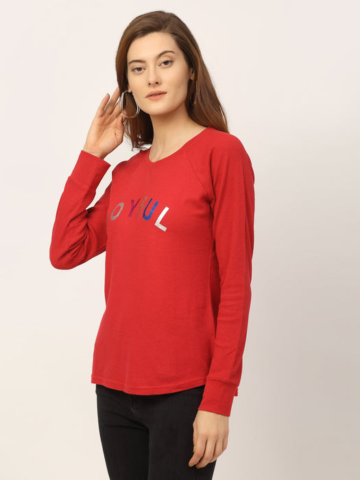 Red Waffle Printed Raglan Cotton Full Sleeve T-Shirt