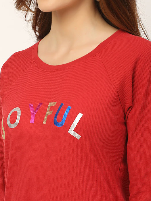 Red Waffle Printed Raglan Cotton Full Sleeve T-Shirt