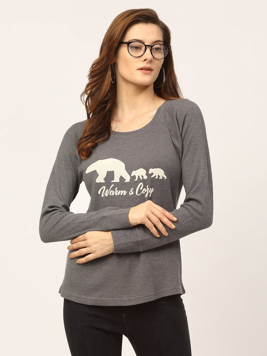 Charcoal Waffle Printed Raglan Cotton Full Sleeve T-Shirt