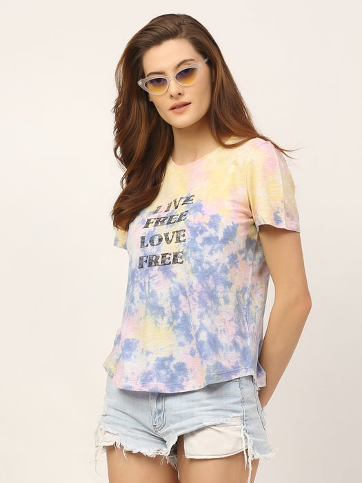 White Printed Tie & Dye Cotton Half Sleeve T-Shirt