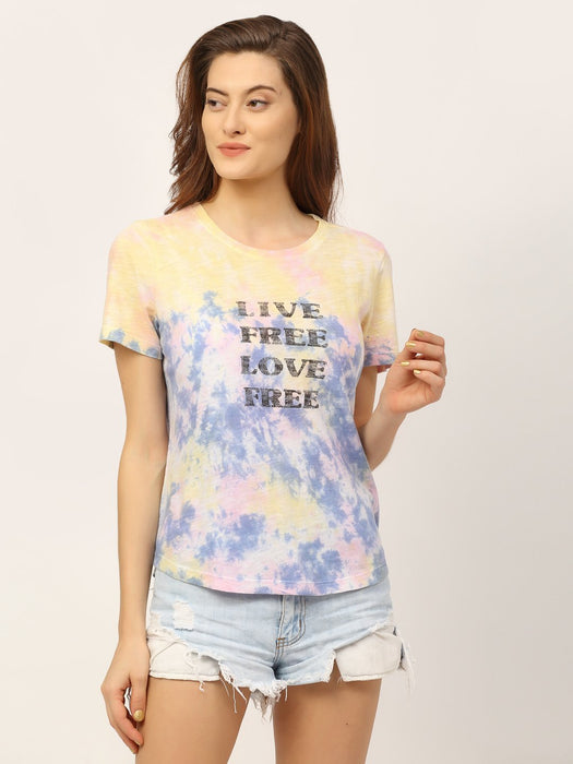 White Printed Tie & Dye Cotton Half Sleeve T-Shirt