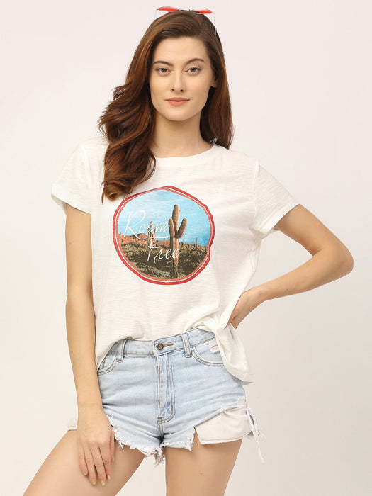 White Placement Print Round Neck Cotton Half Sleeve T-Shirt