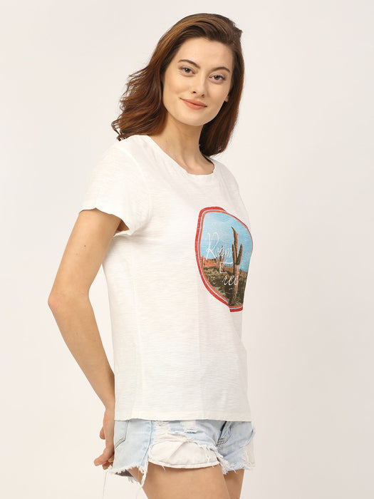 White Placement Print Round Neck Cotton Half Sleeve T-Shirt