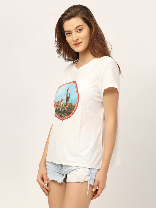 White Placement Print Round Neck Cotton Half Sleeve T-Shirt