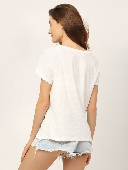 White Placement Print Round Neck Cotton Half Sleeve T-Shirt