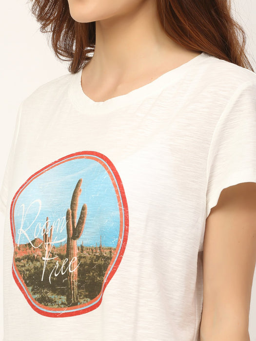 White Placement Print Round Neck Cotton Half Sleeve T-Shirt