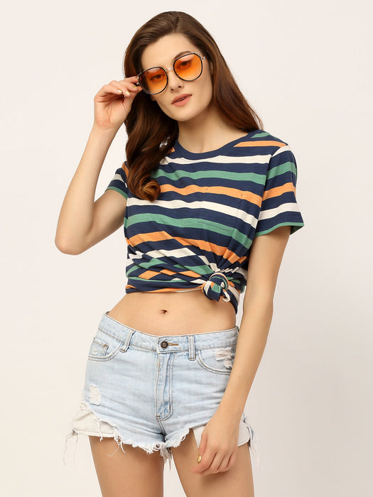 Multi Stripe Round Neck Cotton Half Sleeve T-Shirt