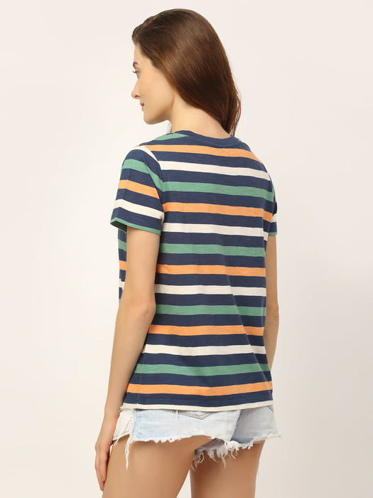 Multi Stripe Round Neck Cotton Half Sleeve T-Shirt