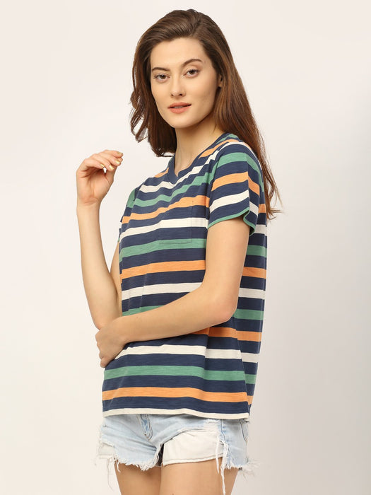 Multi Stripe Round Neck Cotton Half Sleeve T-Shirt