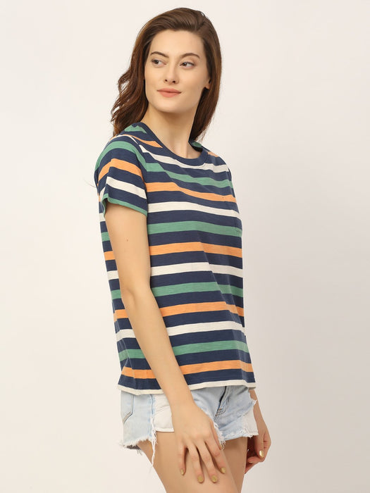 Multi Stripe Round Neck Cotton Half Sleeve T-Shirt