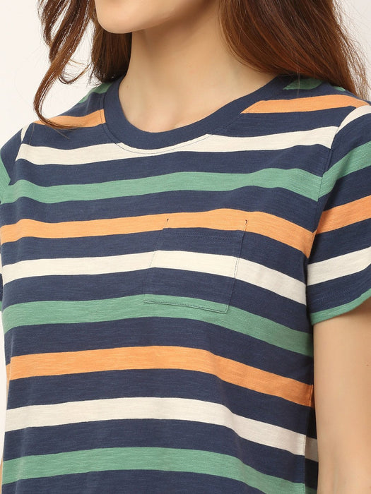 Multi Stripe Round Neck Cotton Half Sleeve T-Shirt