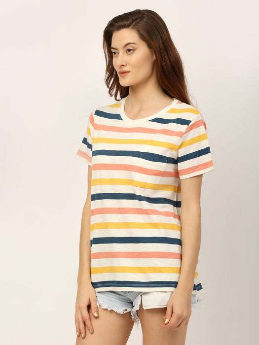 Multi Stripe Round Neck Cotton Half Sleeve T-Shirt