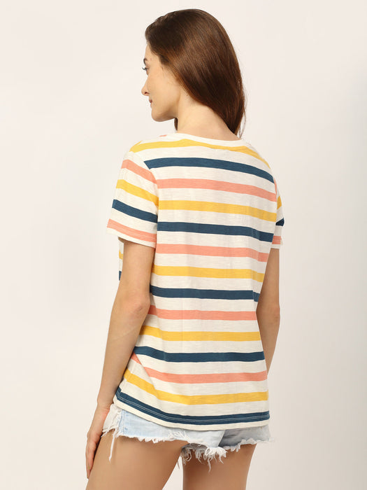 Multi Stripe Round Neck Cotton Half Sleeve T-Shirt