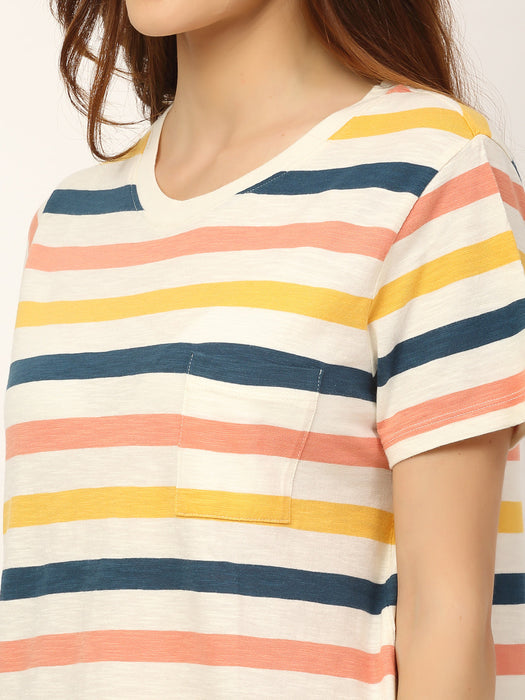 Multi Stripe Round Neck Cotton Half Sleeve T-Shirt