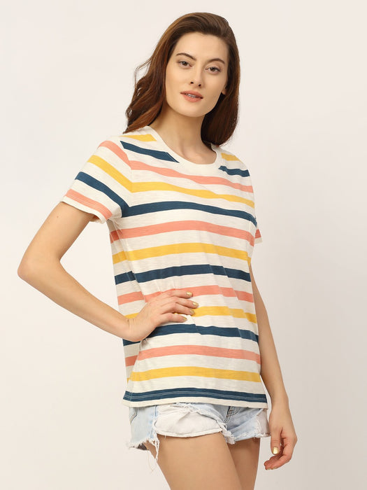 Multi Stripe Round Neck Cotton Half Sleeve T-Shirt