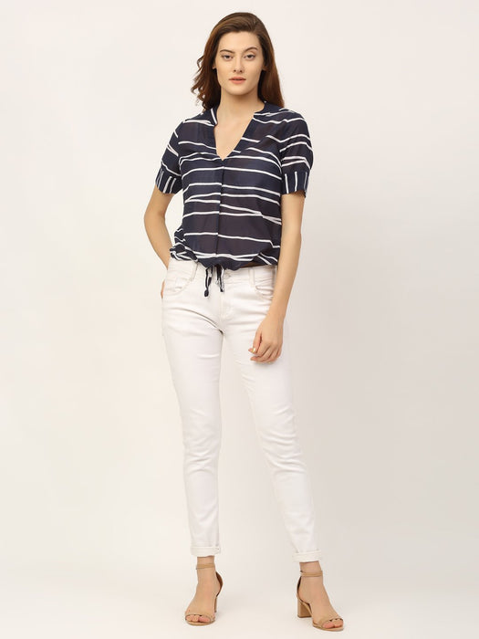 Navy Cross Over Printed Bamboo Stripe Modal Top