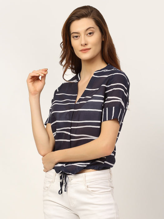 Navy Cross Over Printed Bamboo Stripe Modal Top