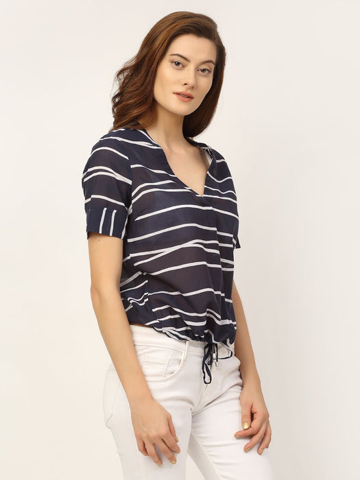 Navy Cross Over Printed Bamboo Stripe Modal Top