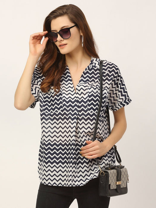 Navy White All Over Chevron Print Oversize Shirt