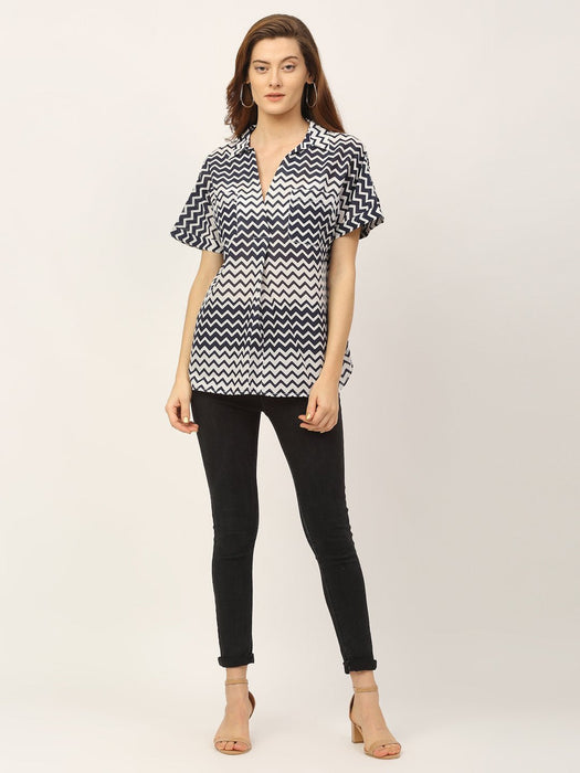 Navy White All Over Chevron Print Oversize Shirt