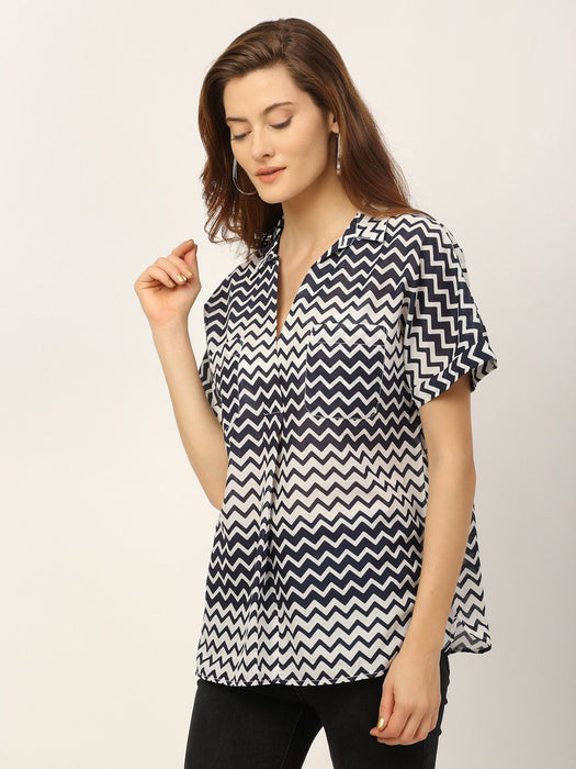 Navy White All Over Chevron Print Oversize Shirt