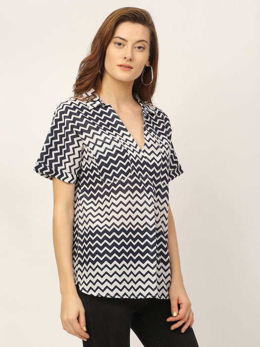 Navy White All Over Chevron Print Oversize Shirt