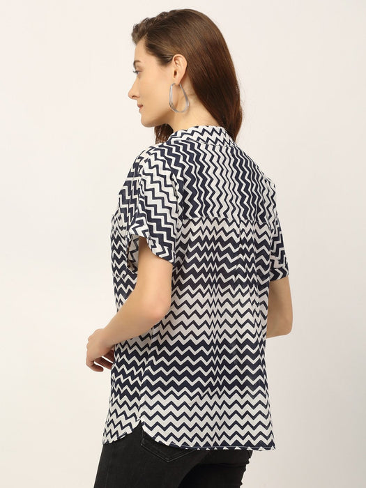 Navy White All Over Chevron Print Oversize Shirt