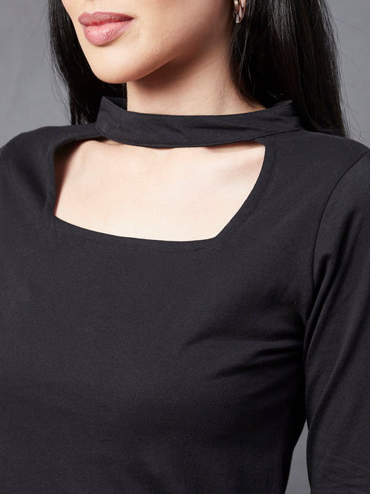 Black Solid Choker Neck Top