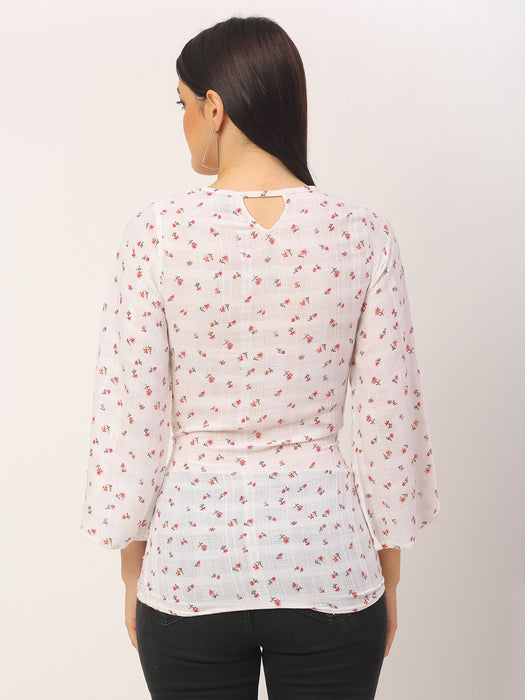 White Floral Print Front Tie Top