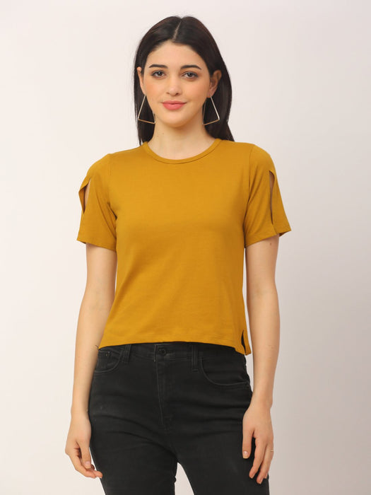 Mustard Round Neck Cotton Cut Half Sleeve T-Shirt