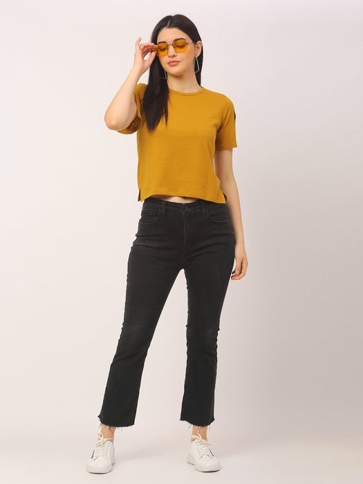 Mustard Round Neck Cotton Cut Half Sleeve T-Shirt