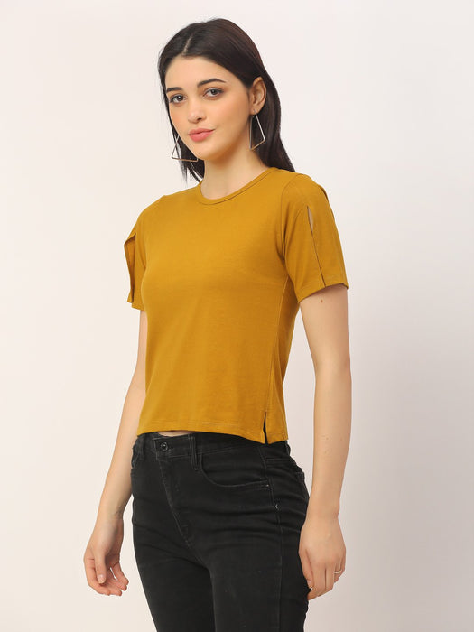 Mustard Round Neck Cotton Cut Half Sleeve T-Shirt