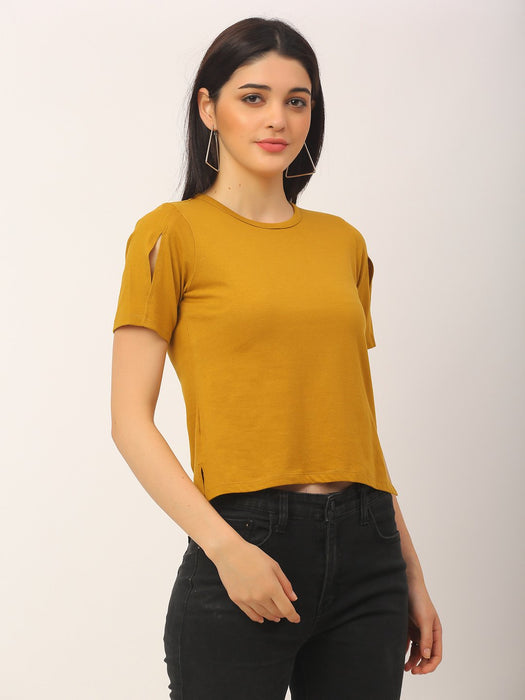 Mustard Round Neck Cotton Cut Half Sleeve T-Shirt