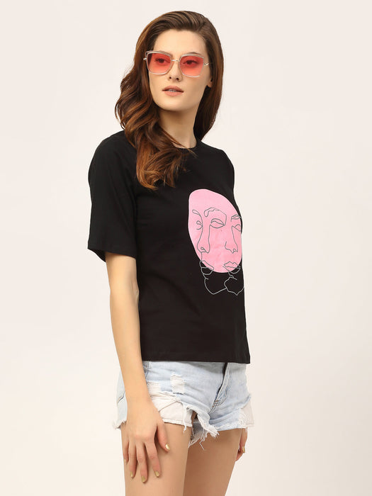 Black Printed Cotton Half Sleeve T-Shirt