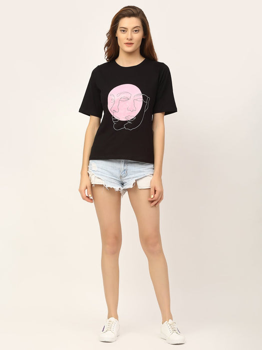 Black Printed Cotton Half Sleeve T-Shirt