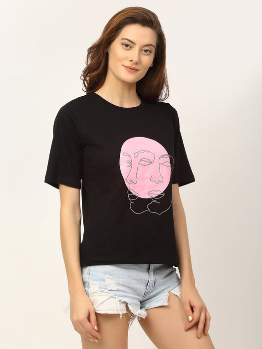 Black Printed Cotton Half Sleeve T-Shirt