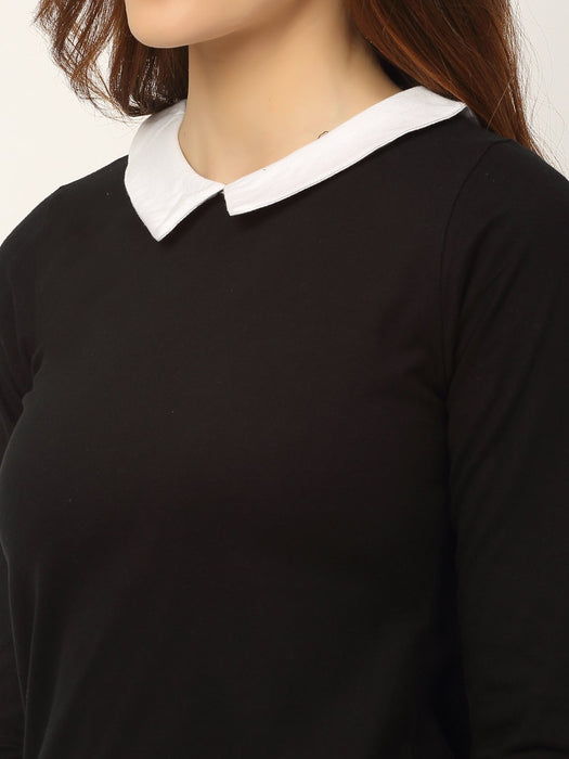 Black Peter Pan Collar Cotton Quarter Sleeve Top