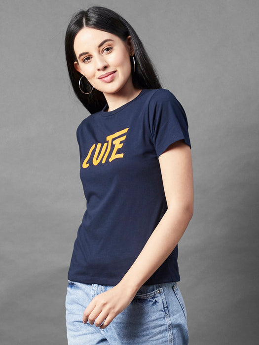 Navy Printed Round Neck Half Sleeve Cotton Top