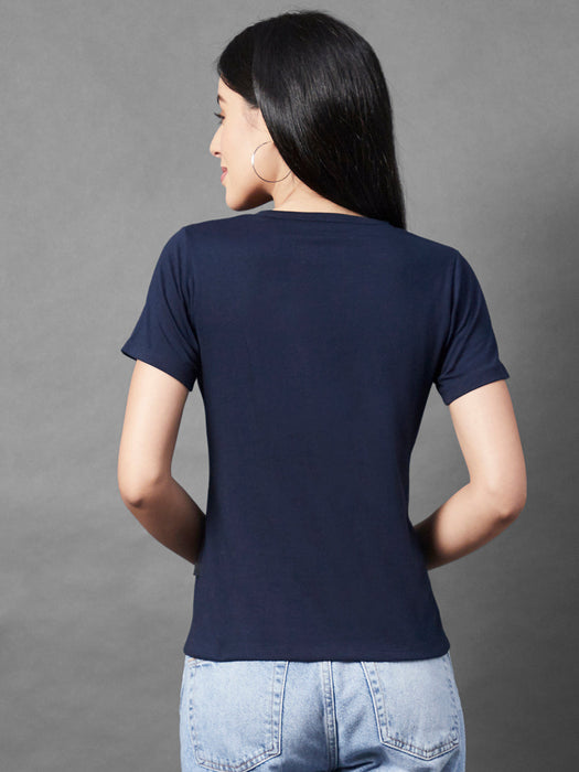 Navy Printed Round Neck Half Sleeve Cotton Top