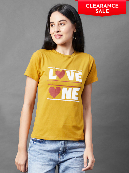 Mustard Printed Round Neck Half Sleeve Cotton Top