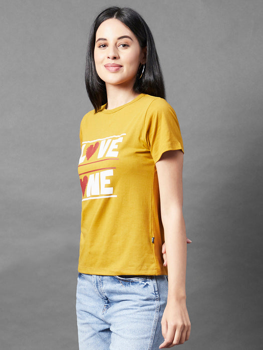 Mustard Printed Round Neck Half Sleeve Cotton Top