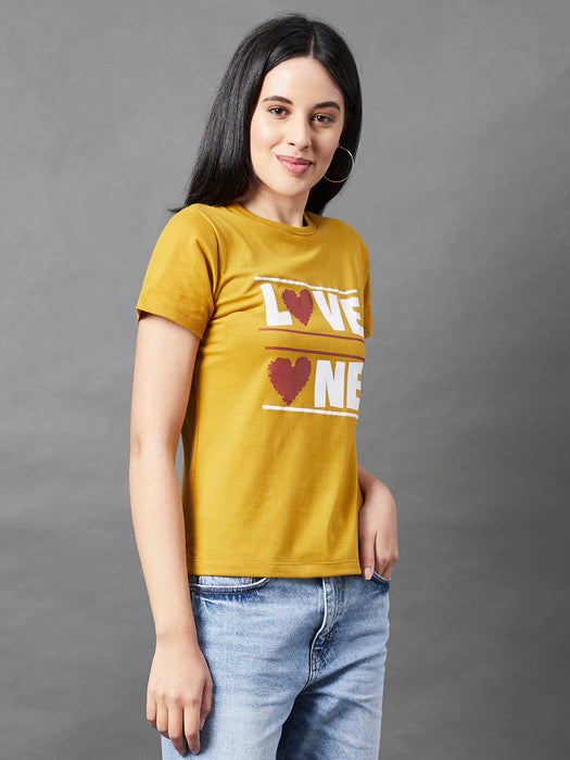 Mustard Printed Round Neck Half Sleeve Cotton Top