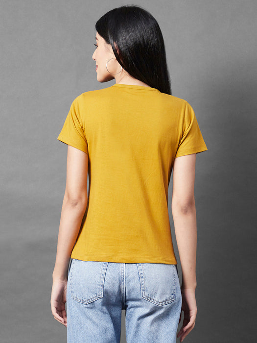 Mustard Printed Round Neck Half Sleeve Cotton Top