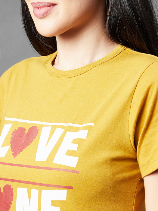 Mustard Printed Round Neck Half Sleeve Cotton Top