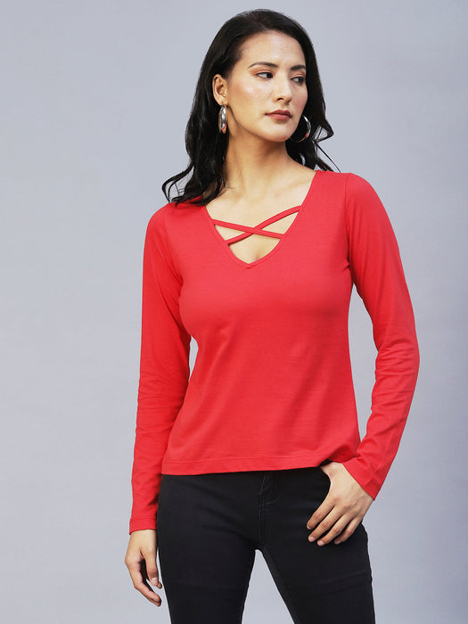 Rigo Women Maroon Detail V Neck Top