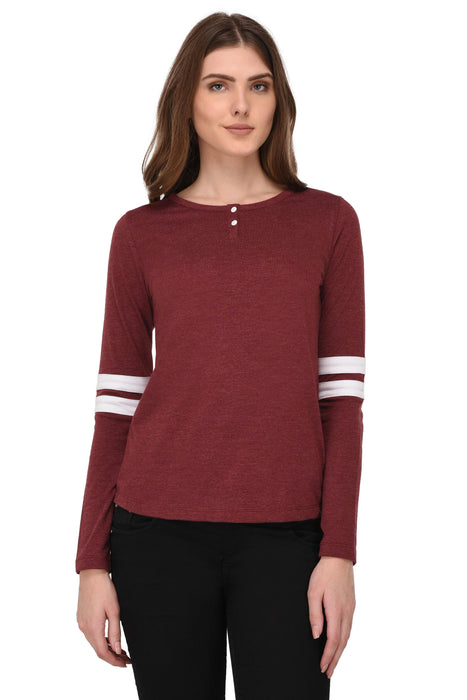 Maroon Striped Sleeves Henley Neck Tshirt